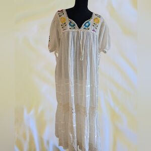 Embroidered Boho Floral Cream Maxi Traditional Mexican Dress